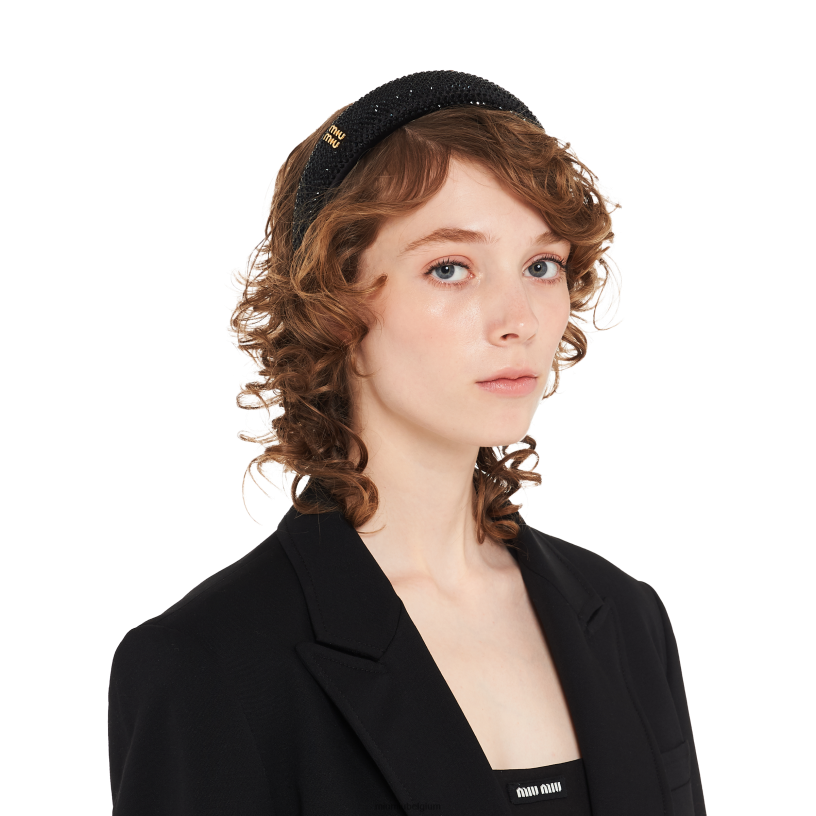 Miu Miu zwartsatijnen hoofdband met kristallen N8F6L1156 accessoires