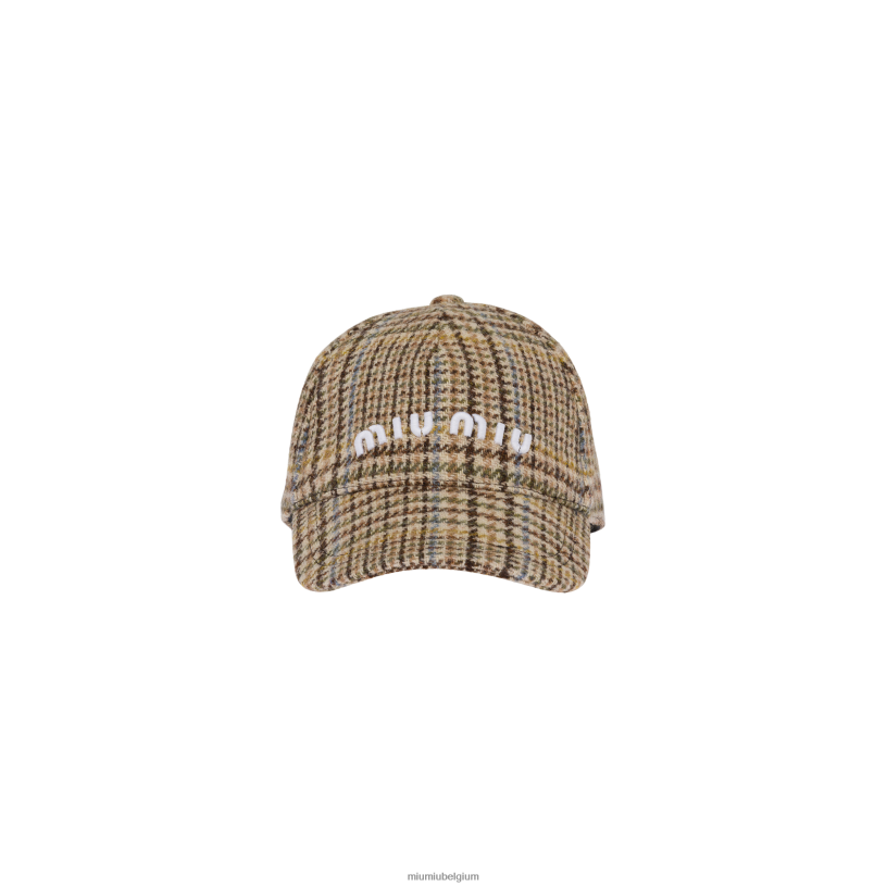Miu Miu cacao bruingeruite baseballpet van shetlandwol N8F6L1190 accessoires