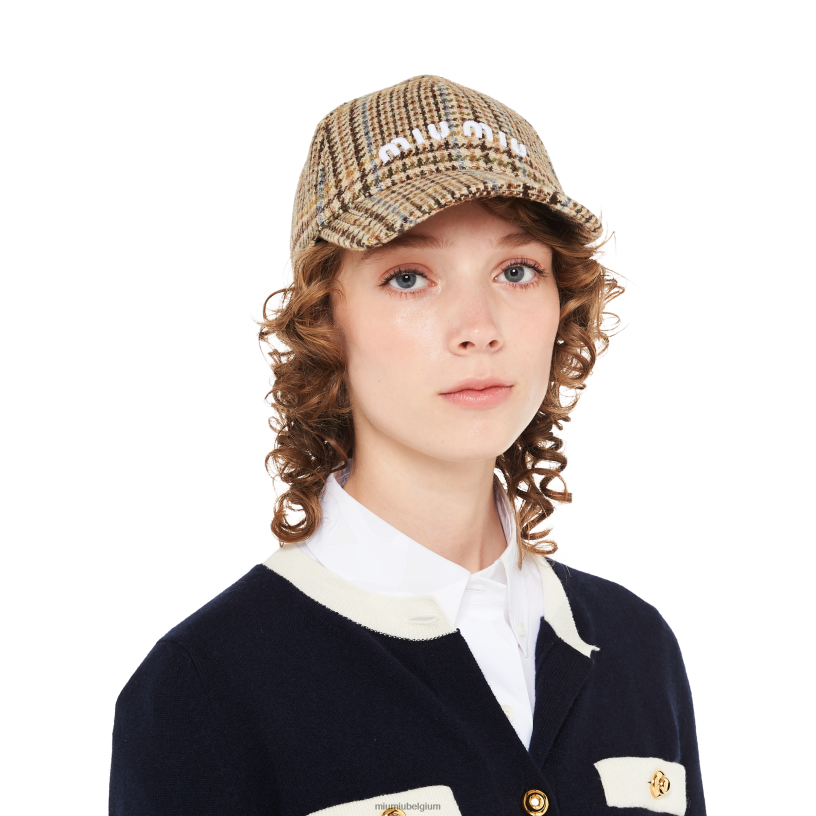 Miu Miu cacao bruingeruite baseballpet van shetlandwol N8F6L1190 accessoires