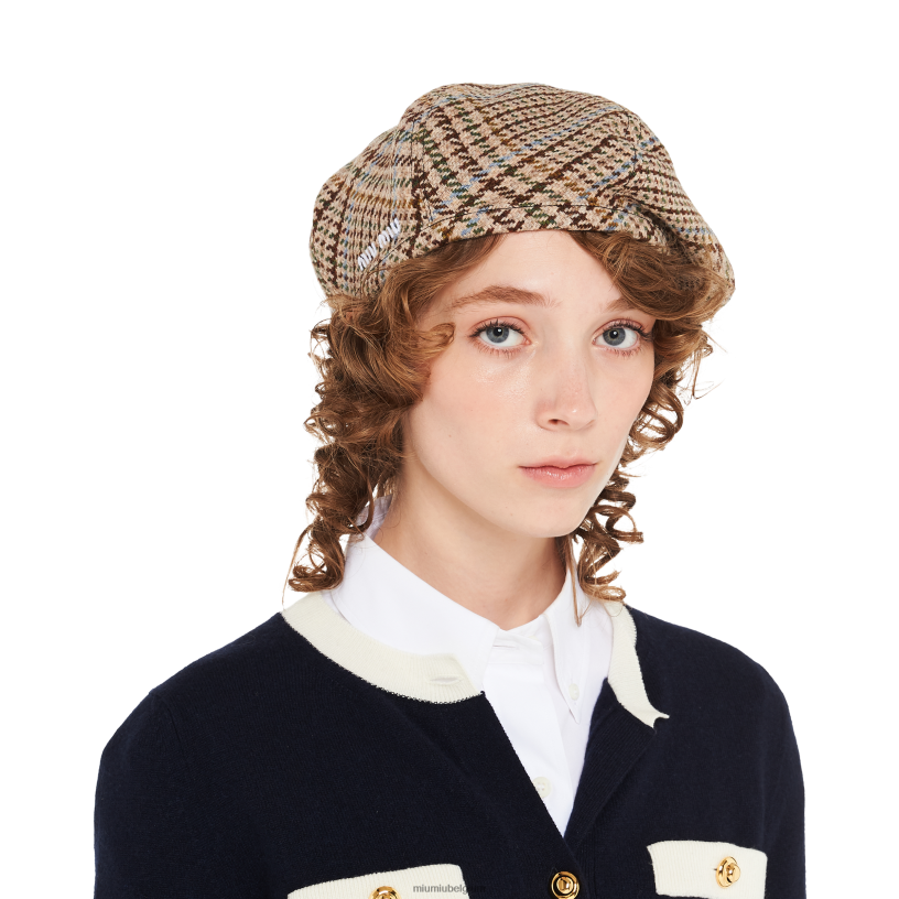 Miu Miu cacao bruingeruite shetland wollen baret N8F6L1192 accessoires