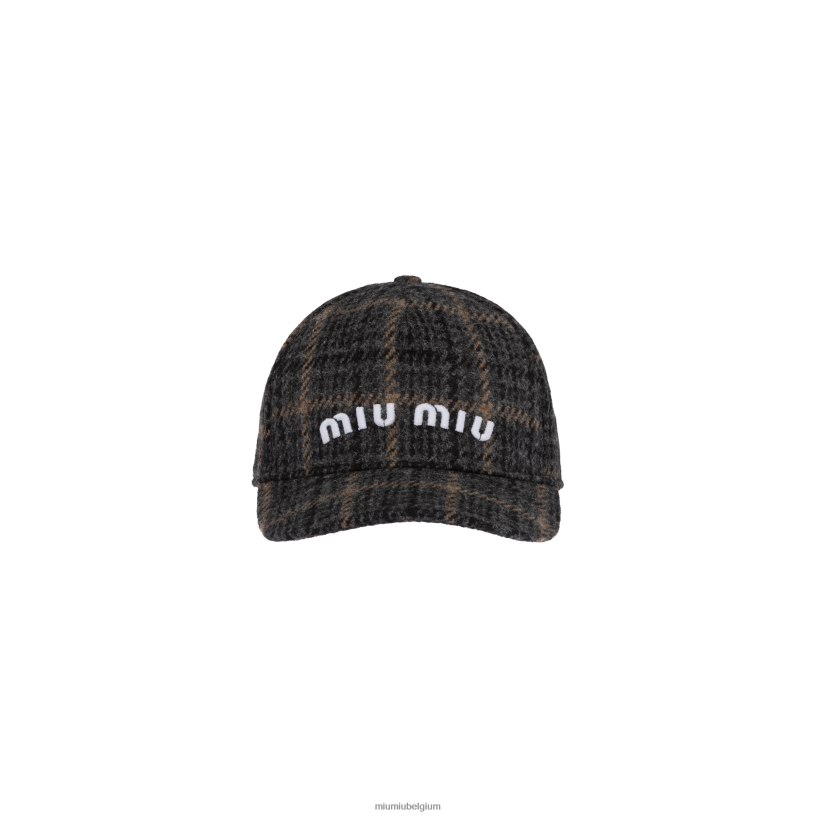 Miu Miu ebbehoutgeruite baseballpet van shetlandwol N8F6L1191 accessoires