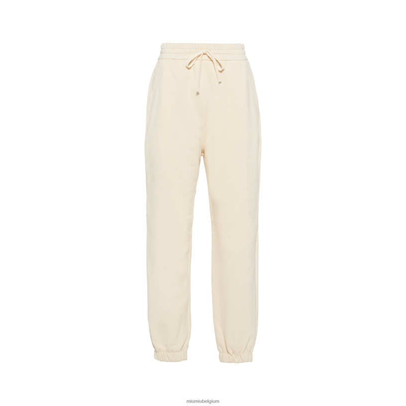 Miu Miu ivoorkatoenen joggingbroek met geborduurd logo N8F6L997 klaar om te dragen