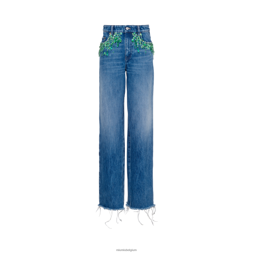 Miu Miu lichtblauw/groengeborduurde jeans met vijf zakken N8F6L994 klaar om te dragen