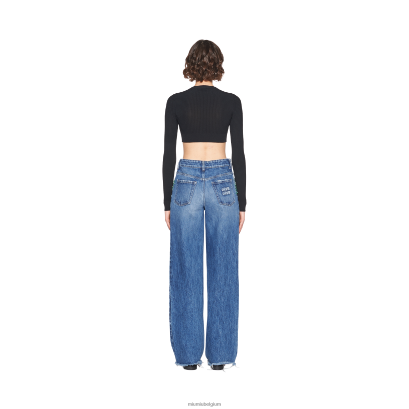 Miu Miu lichtblauw/groengeborduurde jeans met vijf zakken N8F6L994 klaar om te dragen