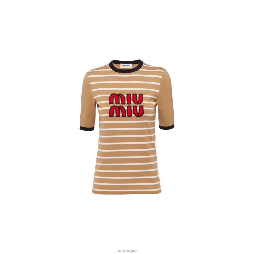 Miu Miu kameel bruinwollen trui met ronde hals N8F6L760 klaar om te dragen