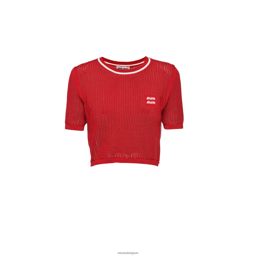 Miu Miu rood Witkatoenen gebreide trui N8F6L733 klaar om te dragen