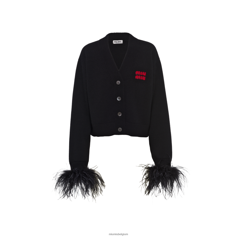 Miu Miu zwartkasjmier vest met veren N8F6L778 klaar om te dragen