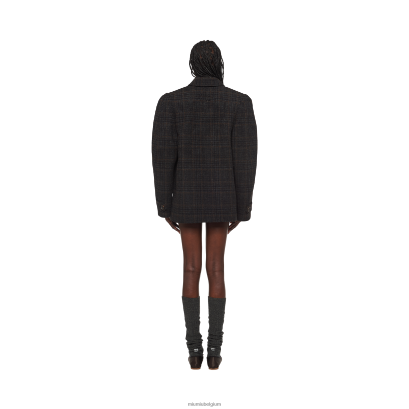 Miu Miu ebbehoutgeruite jas met dubbele rij knopen N8F6L506 klaar om te dragen