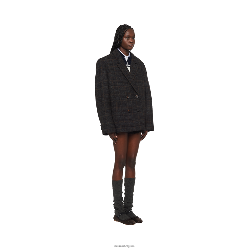 Miu Miu ebbehoutgeruite jas met dubbele rij knopen N8F6L506 klaar om te dragen