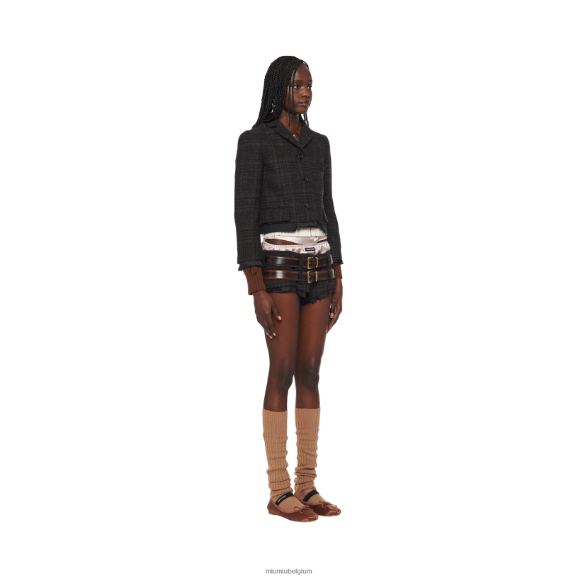 Miu Miu ebbehoutgeruite jas met één rij knopen N8F6L505 klaar om te dragen