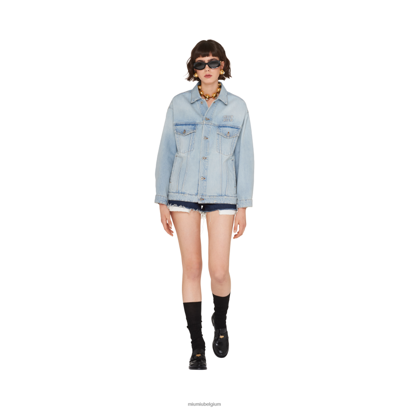Miu Miu lichtblauwgeborduurd denim blousonjack N8F6L524 klaar om te dragen