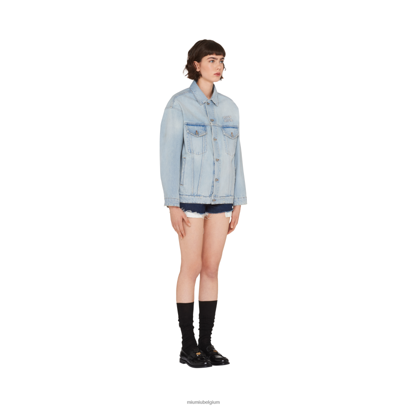 Miu Miu lichtblauwgeborduurd denim blousonjack N8F6L524 klaar om te dragen