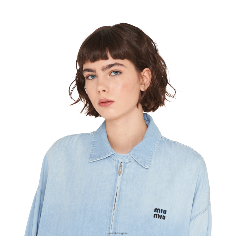 Miu Miu saffierblauwchambray blouson jack N8F6L525 klaar om te dragen