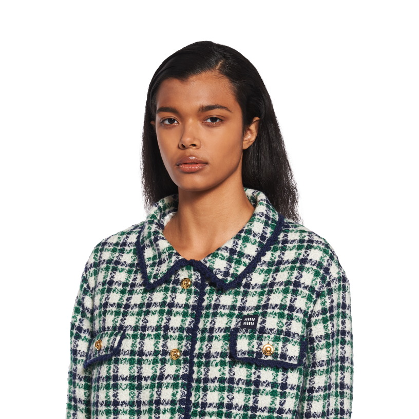 Miu Miu wit/groensingle-breasted geruit tweed jasje N8F6L517 klaar om te dragen