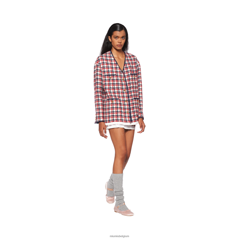 Miu Miu wit roodsingle-breasted geruit tweed jasje N8F6L518 klaar om te dragen