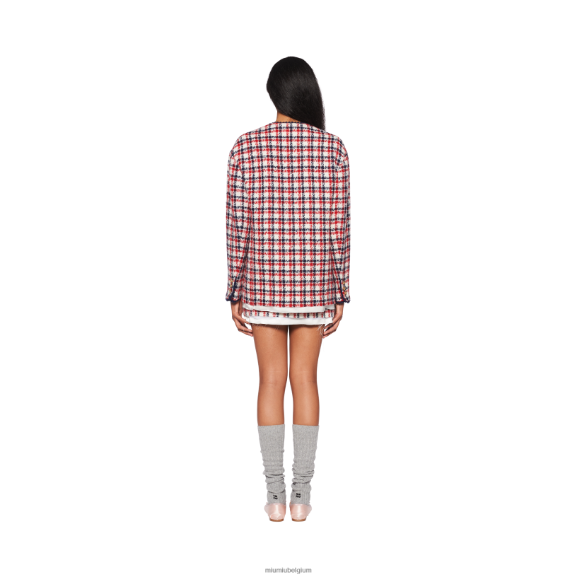 Miu Miu wit roodsingle-breasted geruit tweed jasje N8F6L518 klaar om te dragen