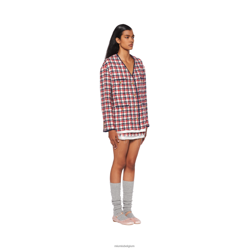 Miu Miu wit roodsingle-breasted geruit tweed jasje N8F6L518 klaar om te dragen