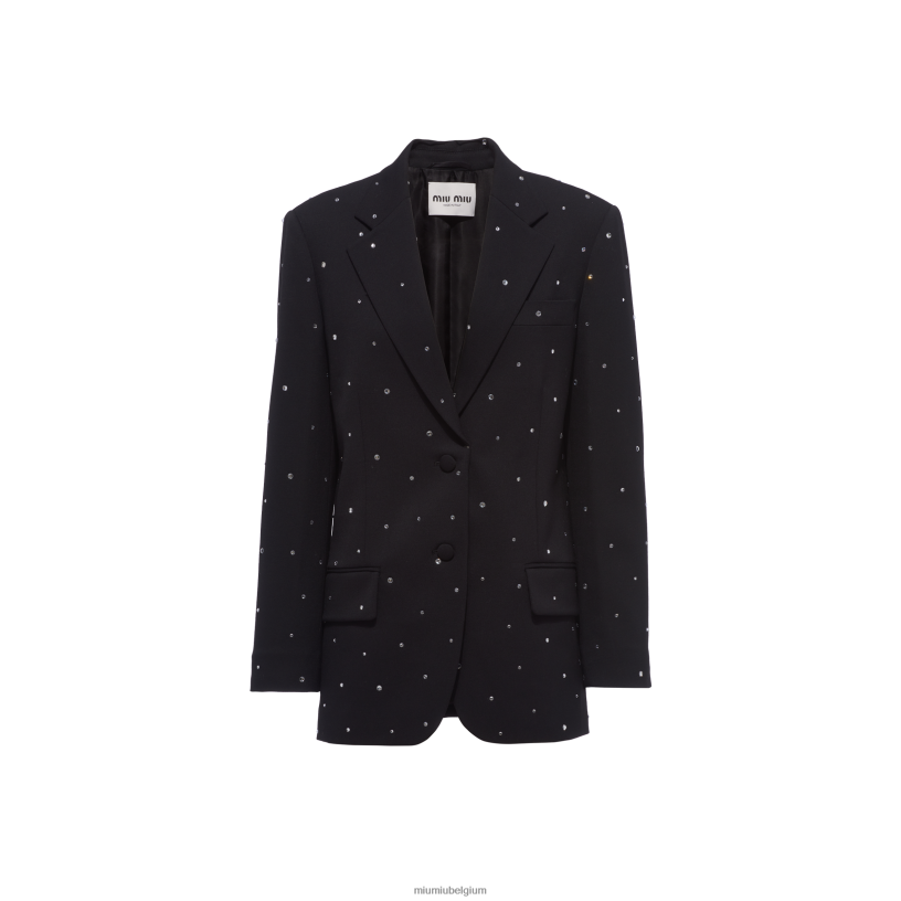Miu Miu zwartgeborduurde single-breasted grain de poudre jas N8F6L533 klaar om te dragen