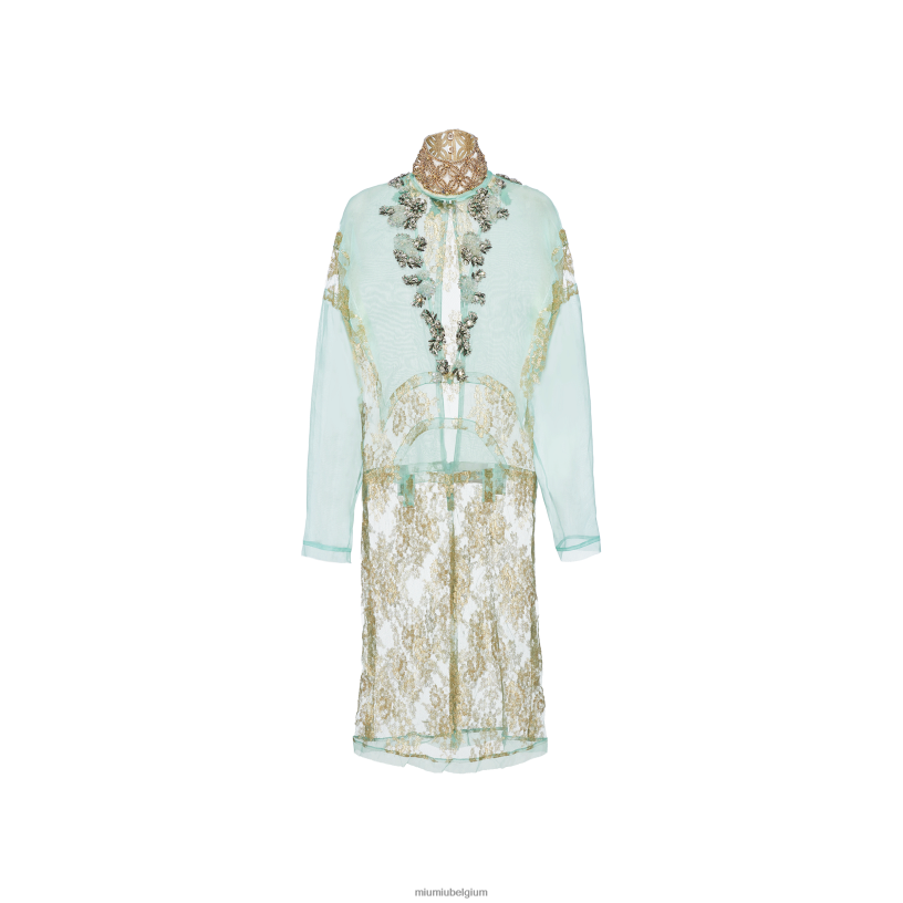 Miu Miu aqua/goudchantilly kanten jurk N8F6L423 klaar om te dragen