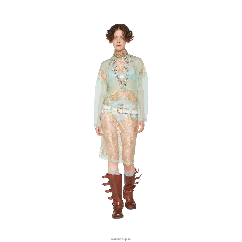 Miu Miu aqua/goudchantilly kanten jurk N8F6L423 klaar om te dragen