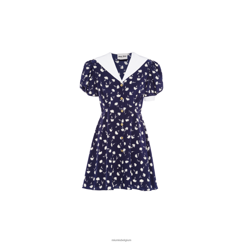 Miu Miu blauw/ivoorbedrukte crêpe de chine mini-jurk N8F6L436 klaar om te dragen