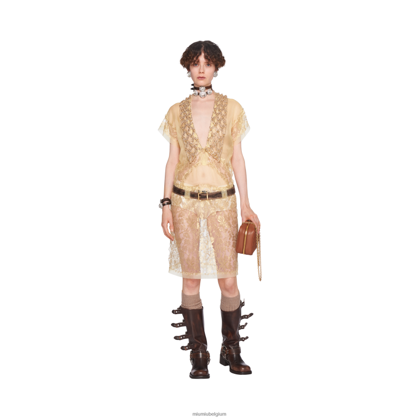 Miu Miu goudgeborduurde Chantilly kanten jurk N8F6L421 klaar om te dragen