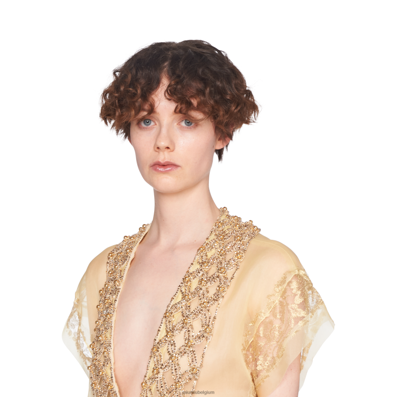 Miu Miu goudgeborduurde Chantilly kanten jurk N8F6L421 klaar om te dragen