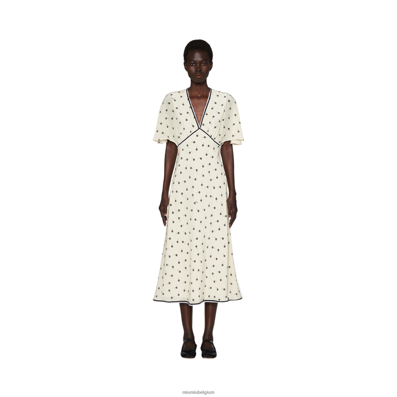 Miu Miu ivoor/zwartmidi-jurk van crêpe de chine N8F6L382 klaar om te dragen