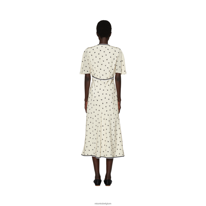 Miu Miu ivoor/zwartmidi-jurk van crêpe de chine N8F6L382 klaar om te dragen
