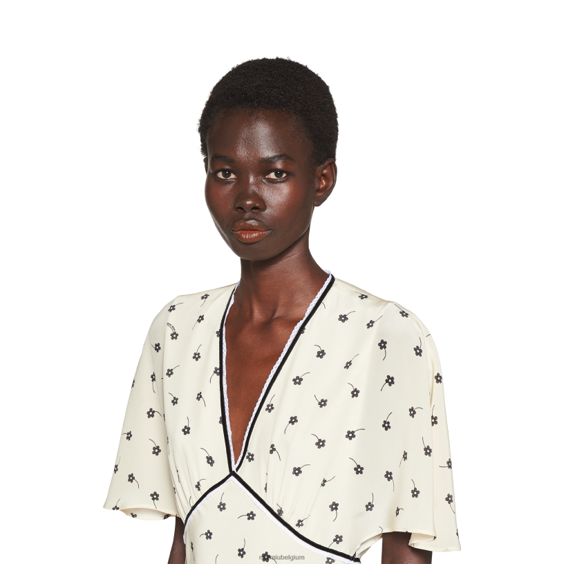 Miu Miu ivoor/zwartmidi-jurk van crêpe de chine N8F6L382 klaar om te dragen