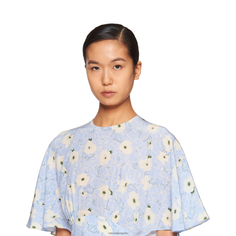 Miu Miu lichtblauw/ivoorcrêpe de chine midi-jurk N8F6L383 klaar om te dragen