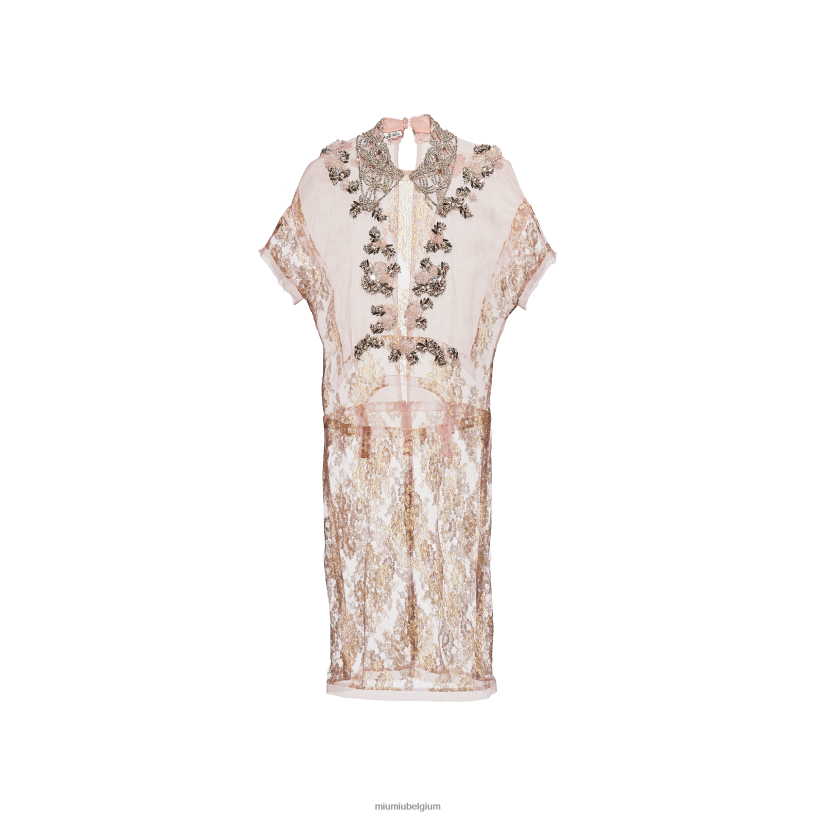 Miu Miu opaal/goudChantilly kanten jurk met geborduurde kraag N8F6L422 klaar om te dragen