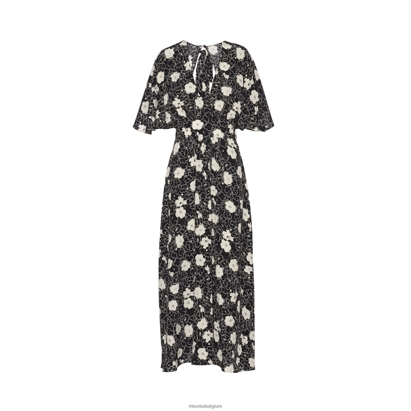 Miu Miu zwart/ivoorcrêpe de chine lange jurk N8F6L384 klaar om te dragen