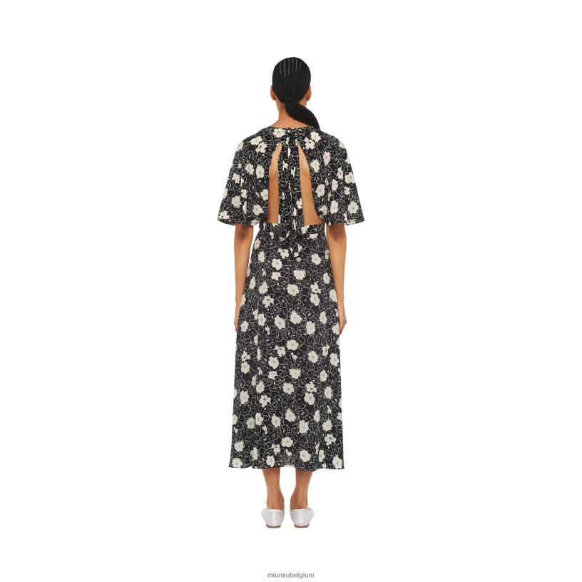 Miu Miu zwart/ivoorcrêpe de chine lange jurk N8F6L384 klaar om te dragen