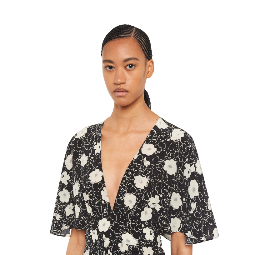 Miu Miu zwart/ivoorcrêpe de chine lange jurk N8F6L384 klaar om te dragen