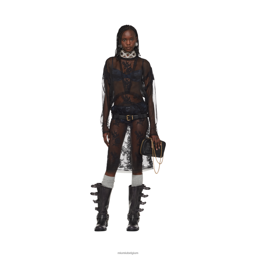 Miu Miu zwartchantilly kanten jurk N8F6L424 klaar om te dragen