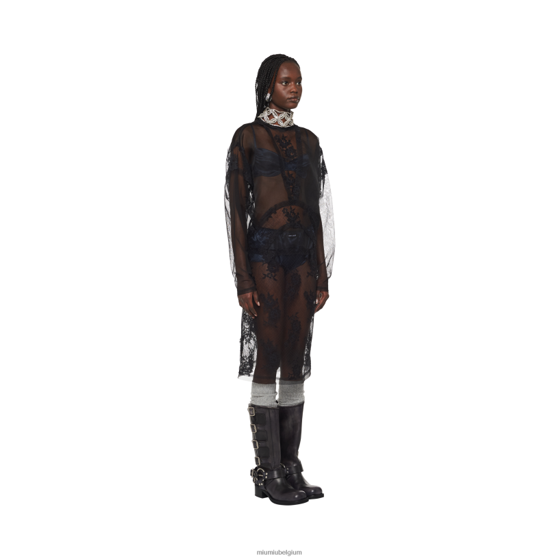 Miu Miu zwartchantilly kanten jurk N8F6L424 klaar om te dragen