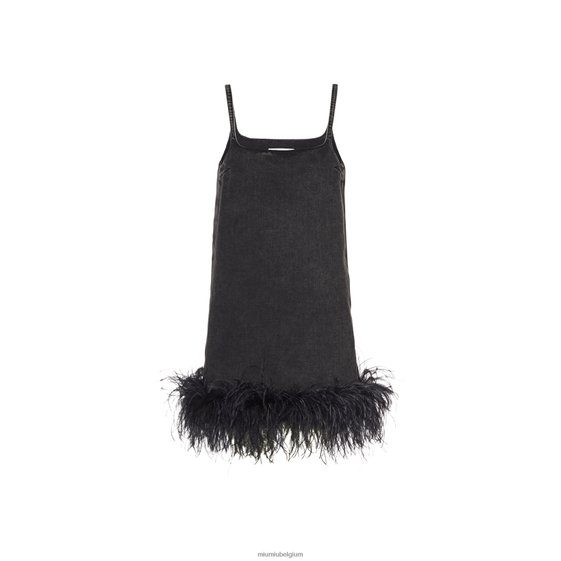 Miu Miu zwartdenim mini-jurk met veren N8F6L401 klaar om te dragen