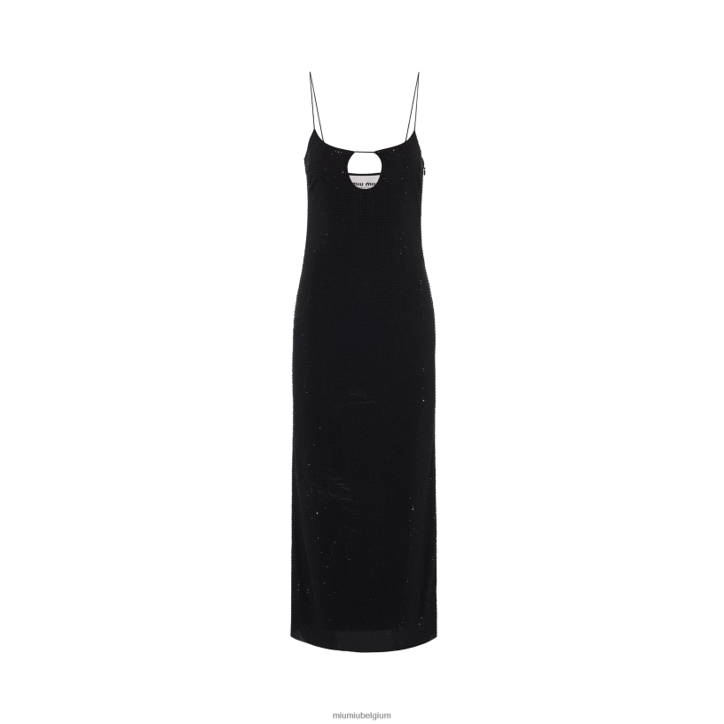 Miu Miu zwartgeborduurde stretch georgette jurk N8F6L394 klaar om te dragen