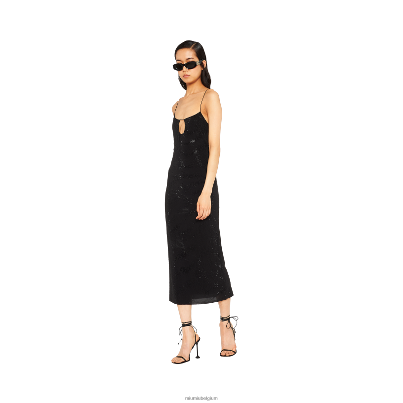 Miu Miu zwartgeborduurde stretch georgette jurk N8F6L394 klaar om te dragen