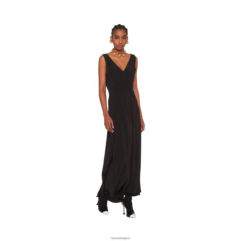 Miu Miu zwartlange crêpe de chine jurk N8F6L441 klaar om te dragen