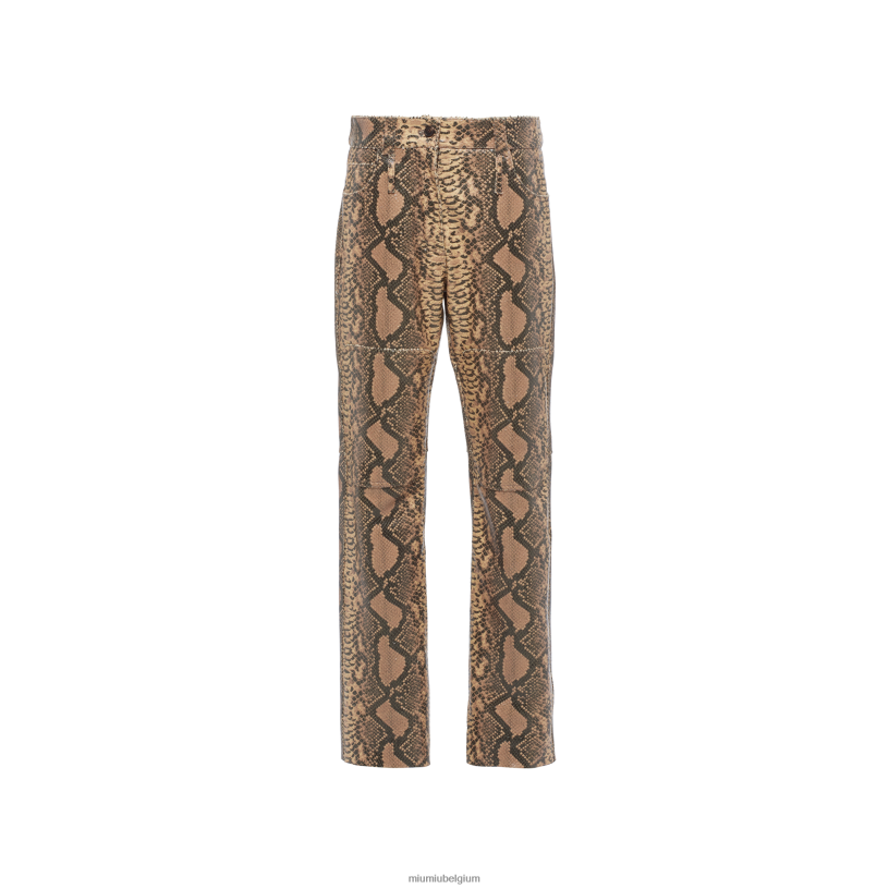 Miu Miu kameel bruinleren broek met pythonprint N8F6L567 klaar om te dragen