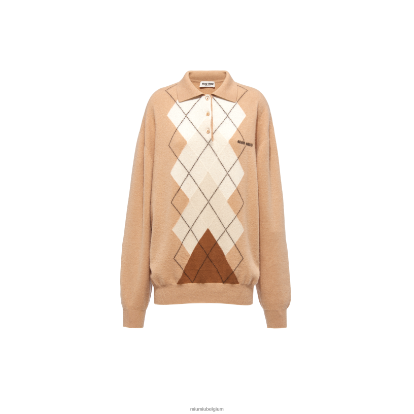 Miu Miu kameel bruinintarsia kasjmier poloshirt N8F6L798 klaar om te dragen