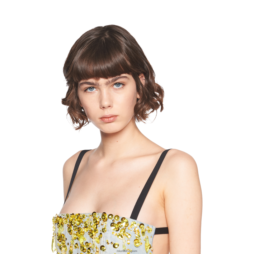 Miu Miu lichtblauw/geelverfraaide denim top N8F6L637 klaar om te dragen