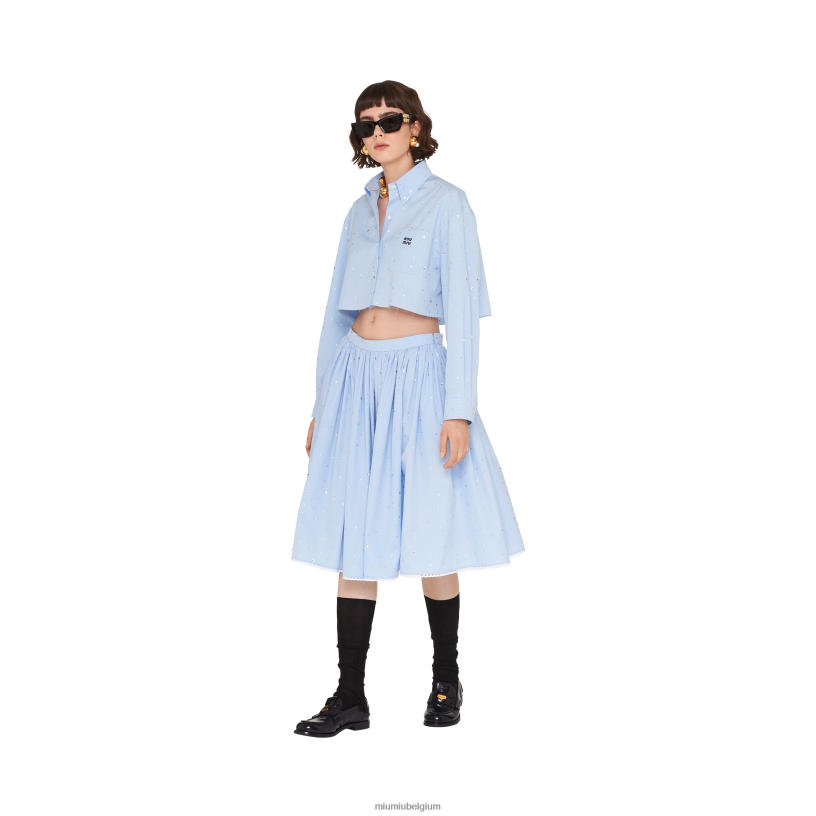 Miu Miu lichtblauwpopeline overhemd met diamanten N8F6L654 klaar om te dragen