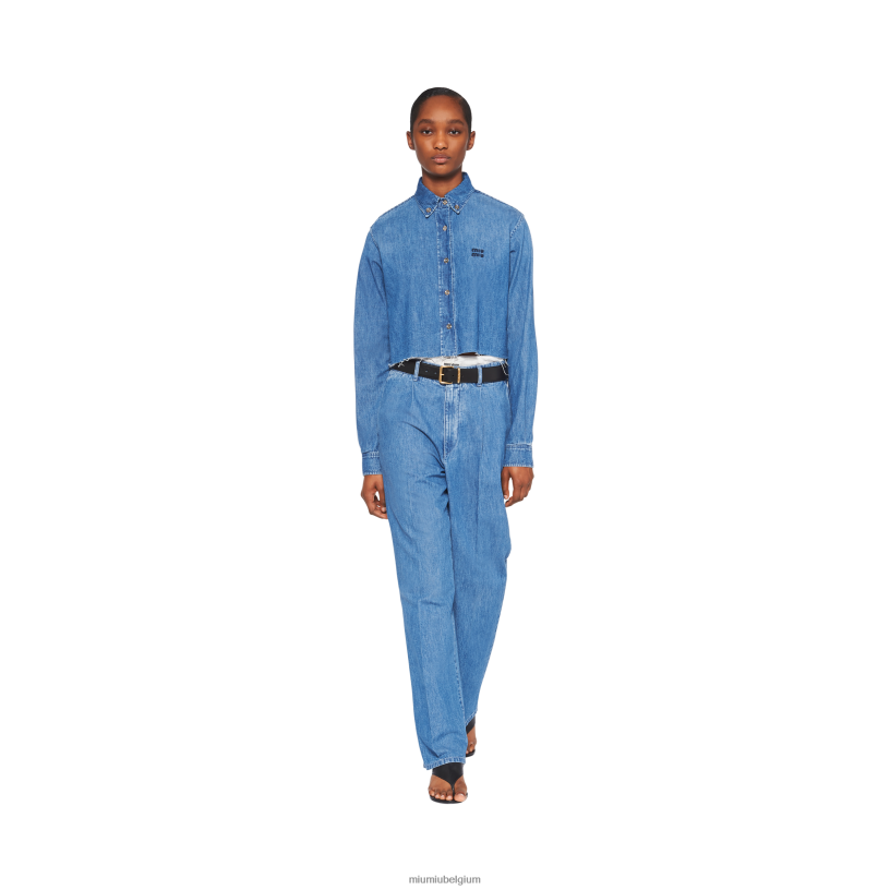 Miu Miu saffierblauwchambray overhemd N8F6L584 klaar om te dragen