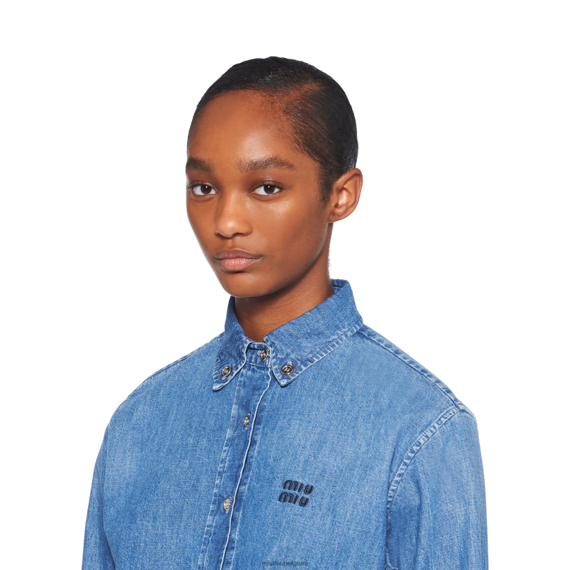 Miu Miu saffierblauwchambray overhemd N8F6L584 klaar om te dragen