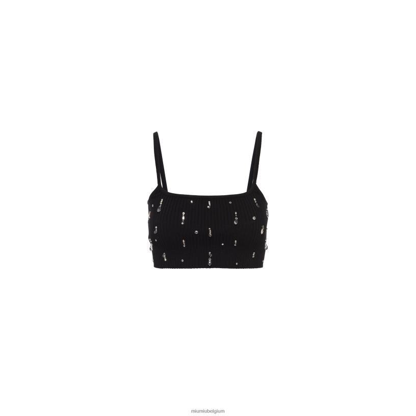 Miu Miu zwartgeborduurde wollen top N8F6L643 klaar om te dragen