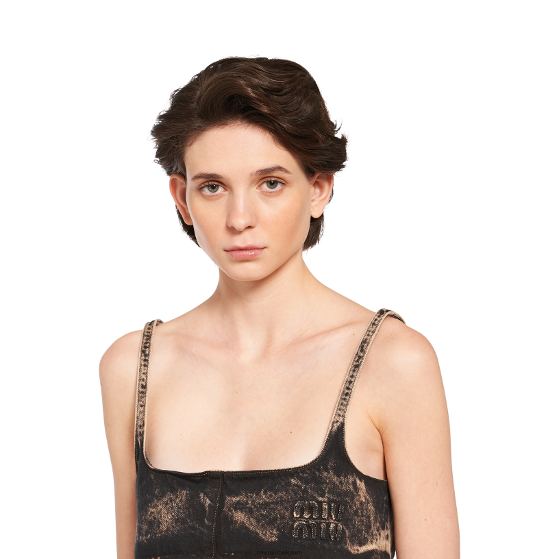 Miu Miu zwartgemarmerde denim top N8F6L585 klaar om te dragen