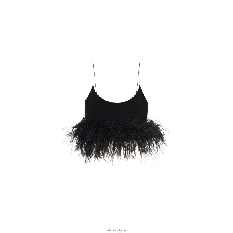 Miu Miu zwartstretch cady top met veren N8F6L620 klaar om te dragen